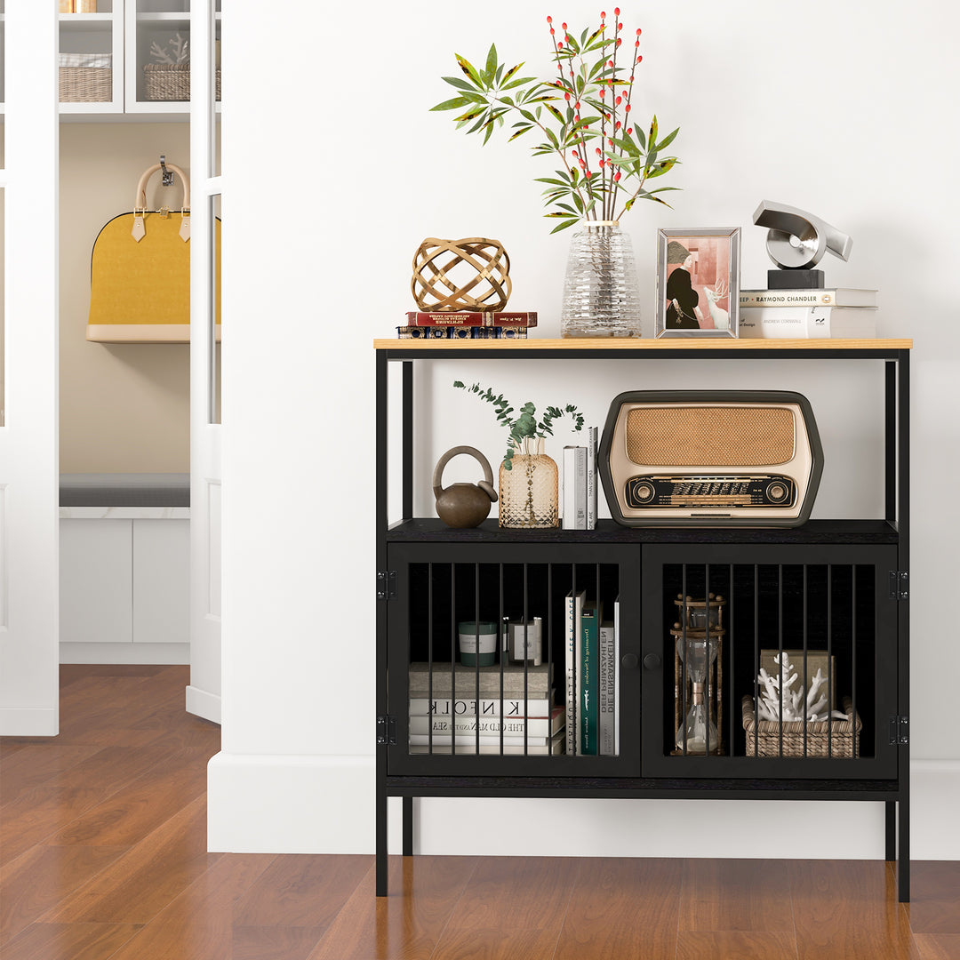 Freestanding Wooden Kitchen Sideboard with 2 Doors and Open Shelf-Black