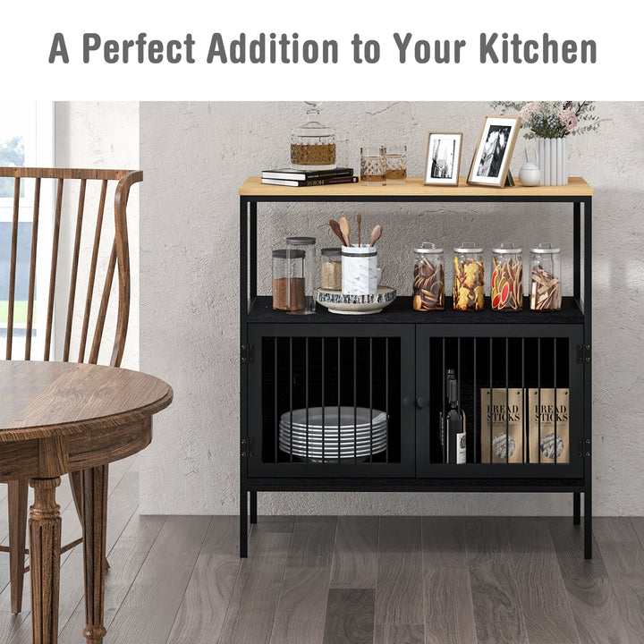 Freestanding Wooden Kitchen Sideboard with 2 Doors and Open Shelf-Black