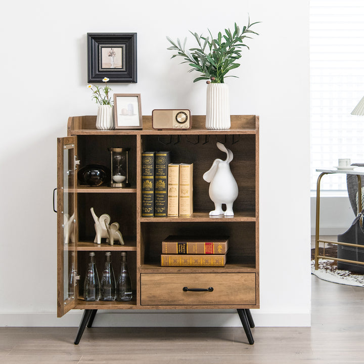 Wooden Wine Cabinet with Removable Wine Rack and Glass Holder-Brown