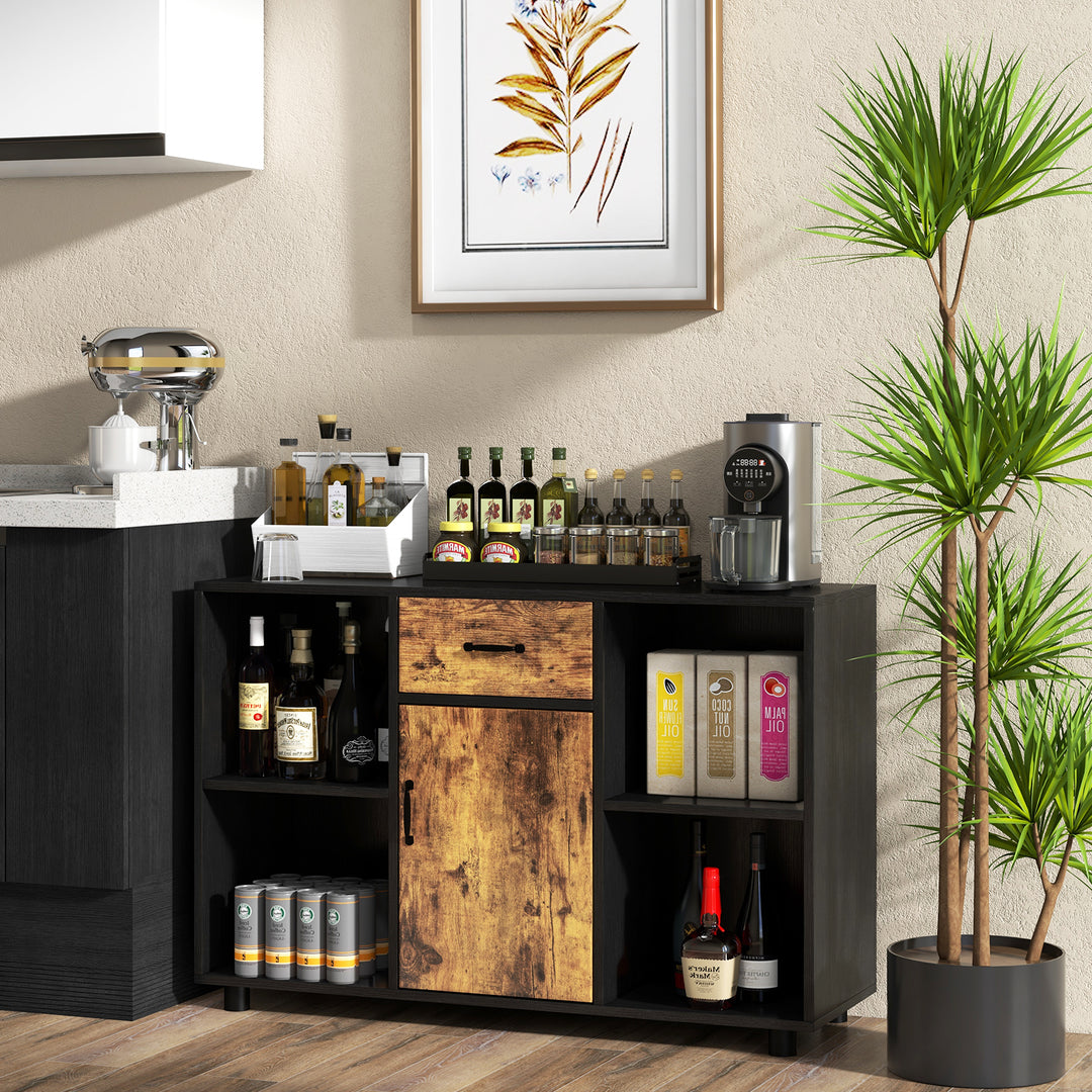 Industrial Buffet Sideboard with Door Drawer and 4 Open Cubbies-Brown