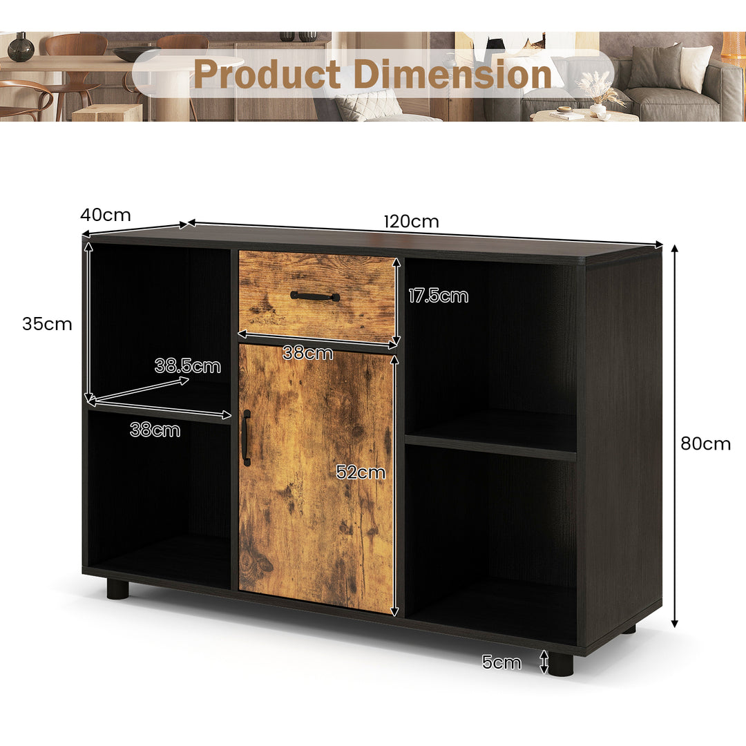 Industrial Buffet Sideboard with Door Drawer and 4 Open Cubbies-Brown
