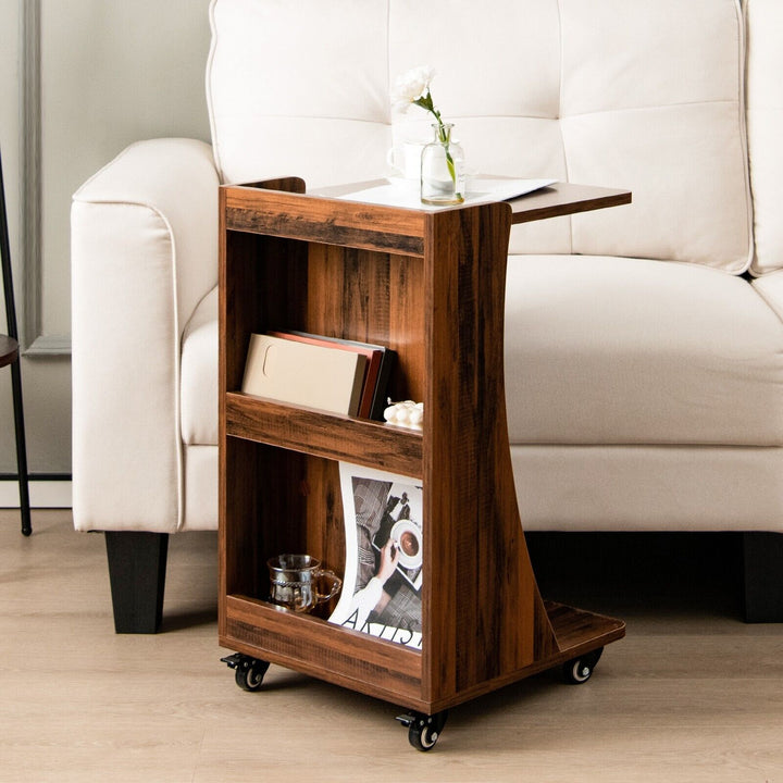 C-Shaped Side Table with Storage Shelf-Brown