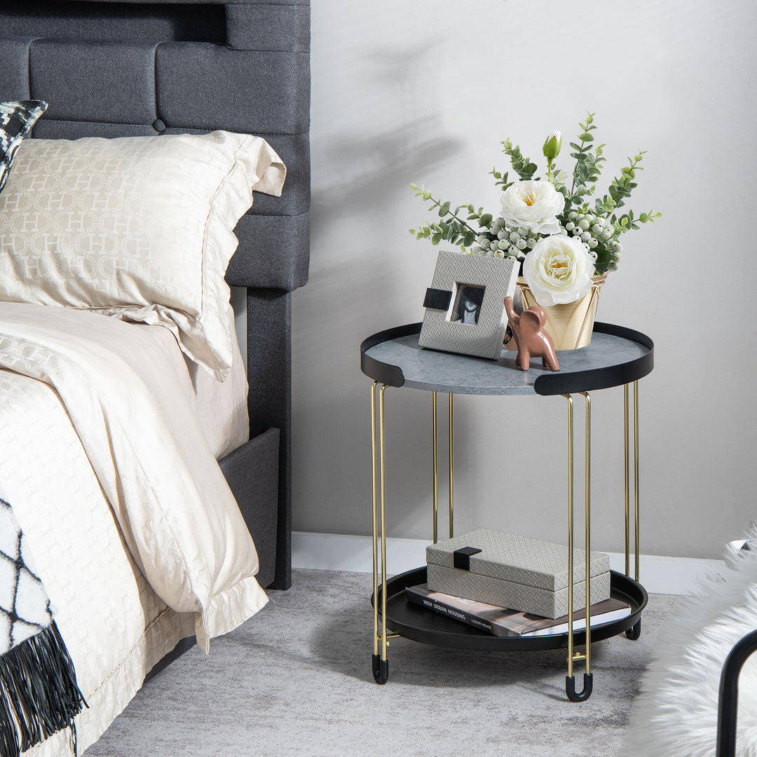 2-Tier Faux Marble Side Table with Removable Tray for Home Office-Colourful