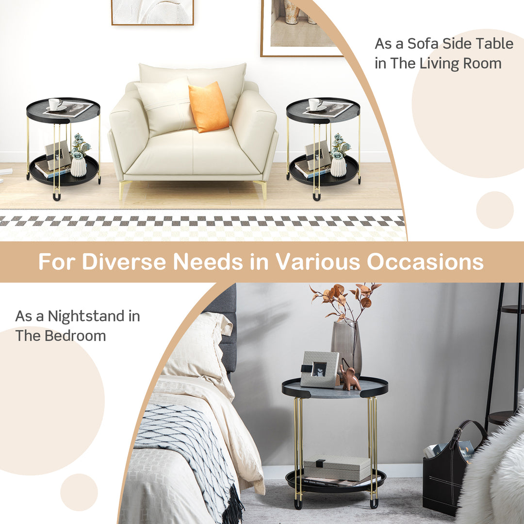 2-Tier Faux Marble Side Table with Removable Tray for Home Office-Colourful