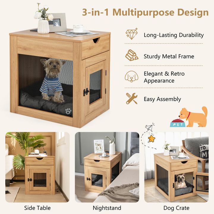 Wooden Dog Crate with Wireless Charger for Small Dogs -Natural