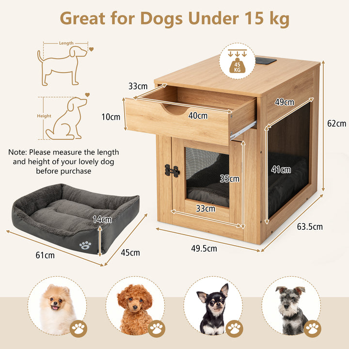 Wooden Dog Crate with Wireless Charger for Small Dogs -Natural