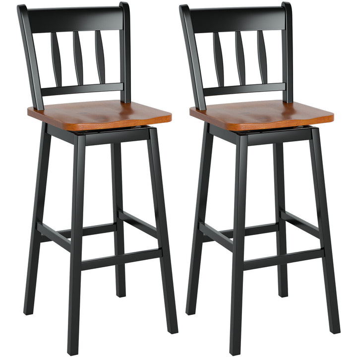 Set of 2 Rubber Wood Swivel Bar Stools with Backrest and Footrest-Black