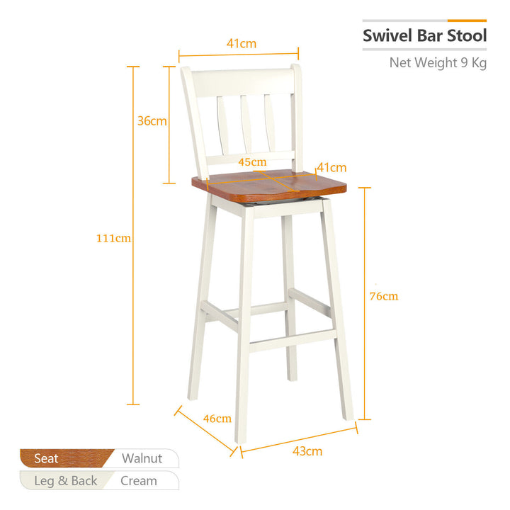 Set of 2 Rubber Wood Swivel Bar Stools with Backrest and Footrest-Cream