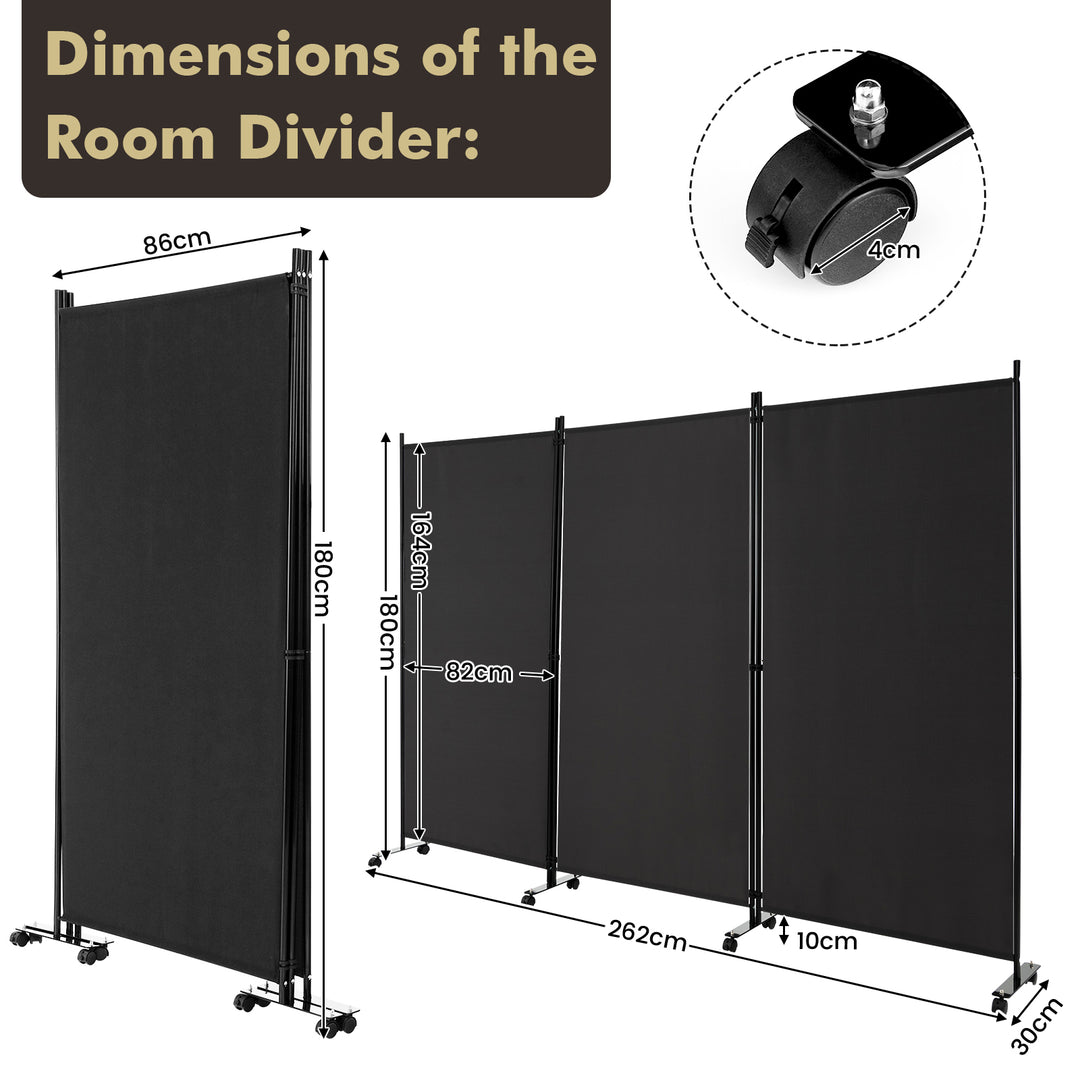 Folding Room Divider with Wheels- Black