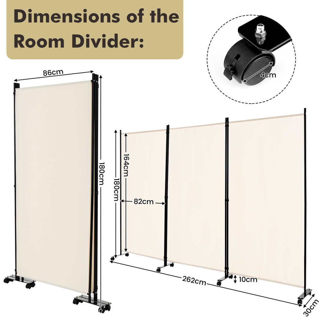 3-Panel Folding Room Divider with Wheels for Living Room Bedroom-White