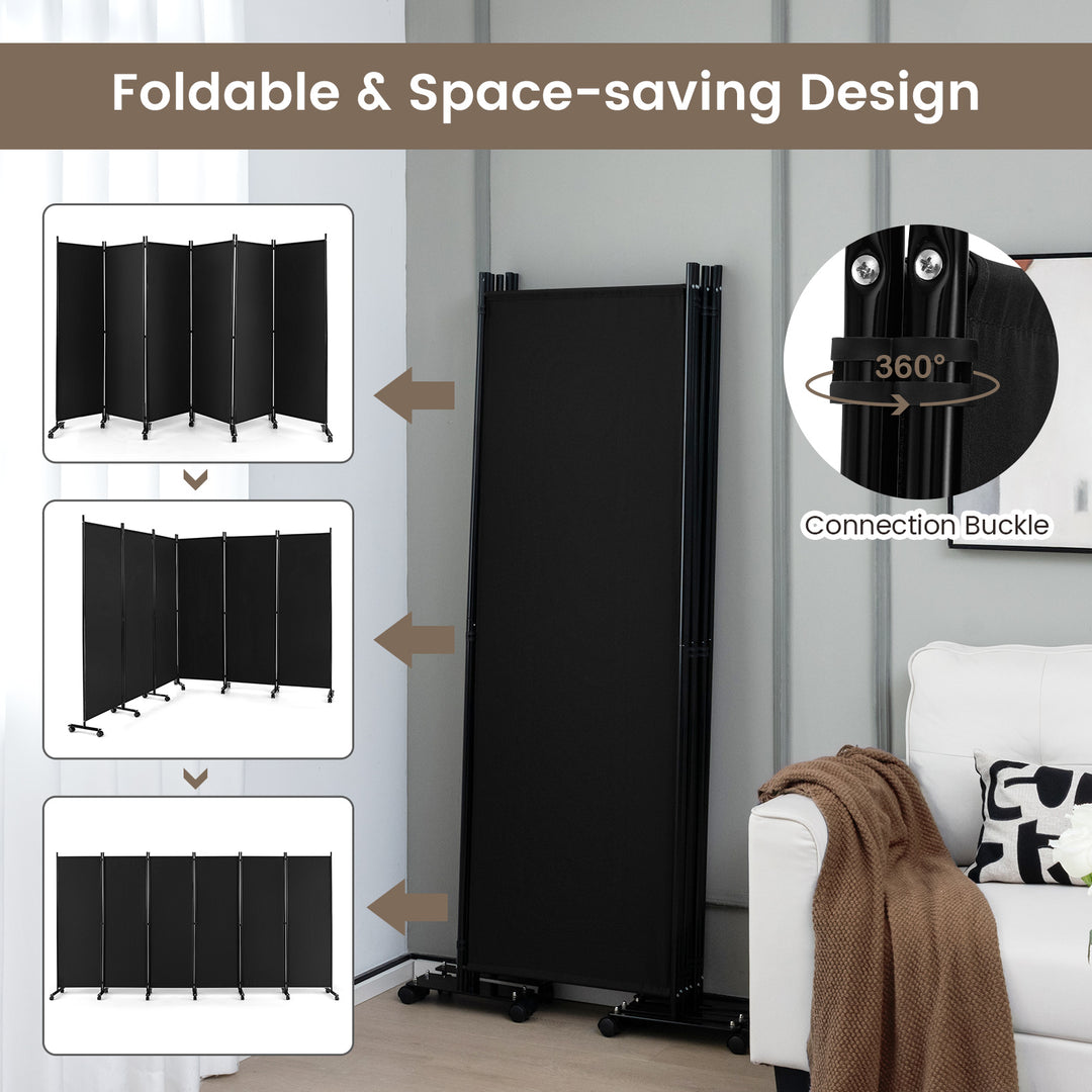 6 Panel Room Divider on Wheels-Black