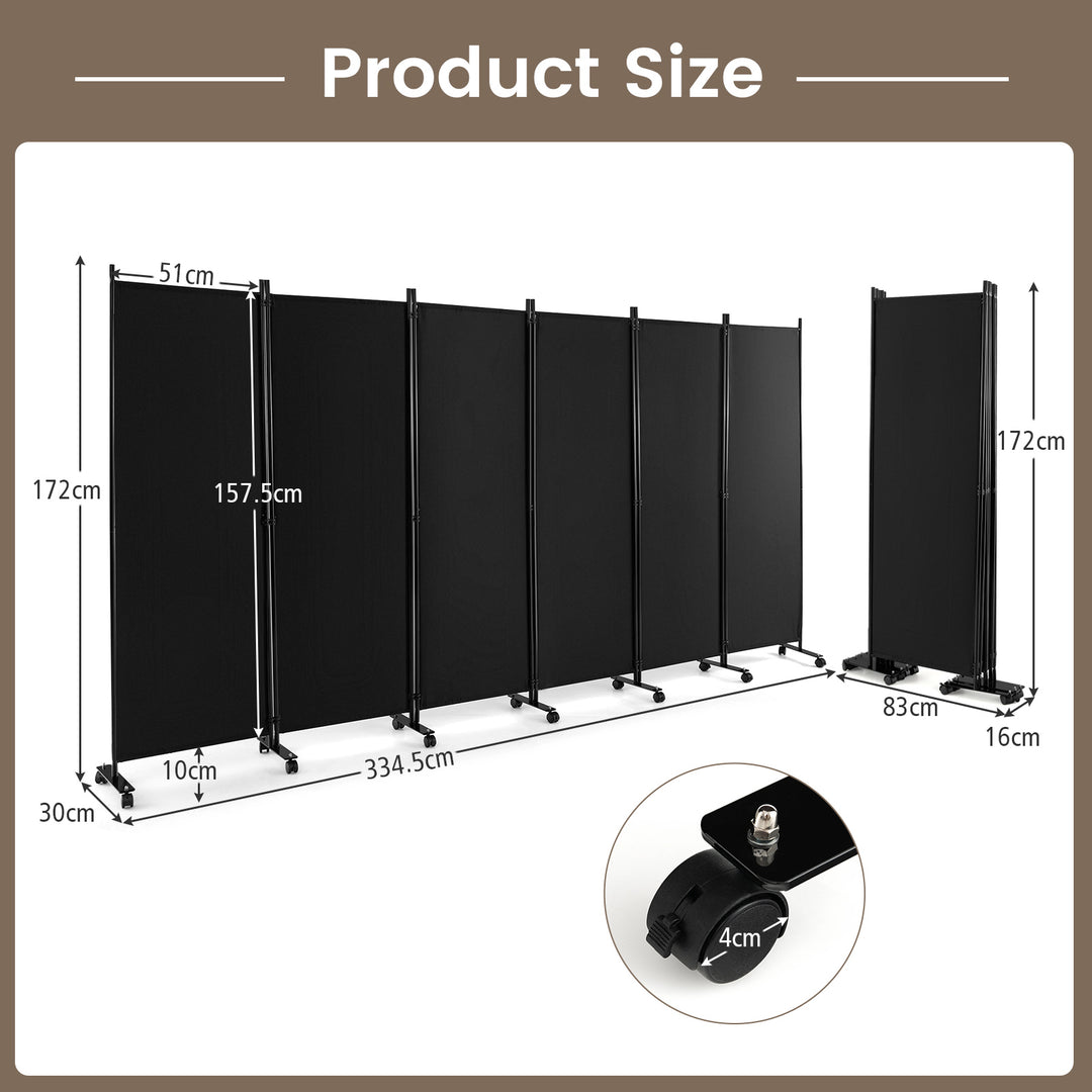 6 Panel Room Divider on Wheels-Black