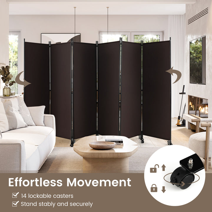 6 Panel Room Divider on Wheels for Indoor-Brown