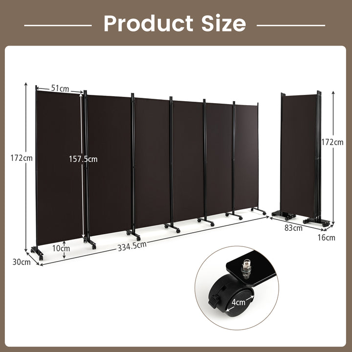 6 Panel Room Divider on Wheels for Indoor-Brown