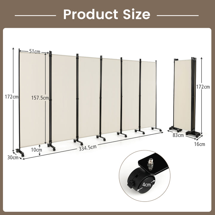 6 Panel Room Divider on Wheels-White