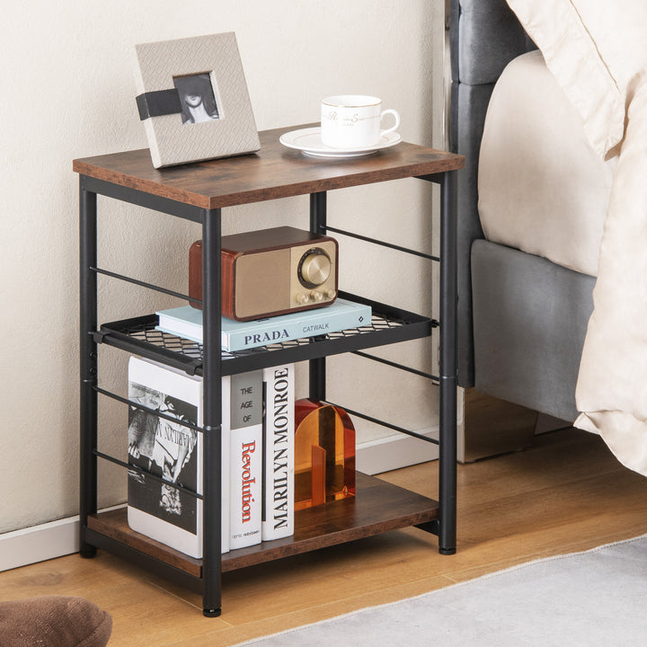 Side Table with Adjustable Mesh Shelf for Living Room Bedroom-Rustic Brown