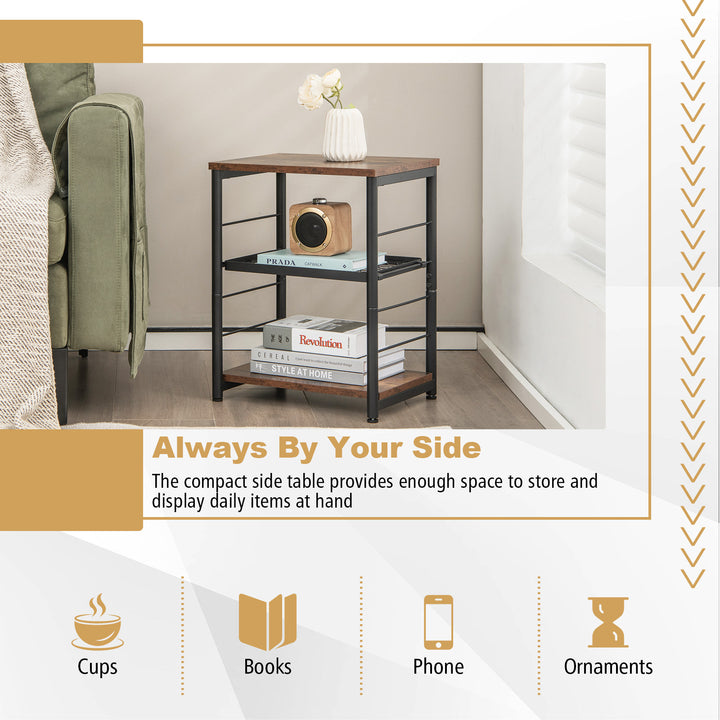 Side Table with Adjustable Mesh Shelf for Living Room Bedroom-Rustic Brown