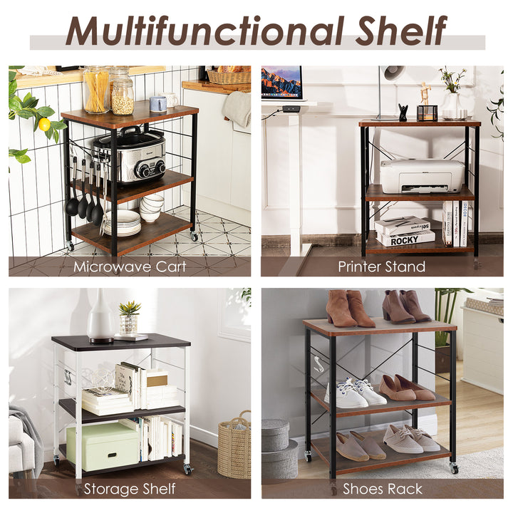 3 Tier Rolling Kitchen Baker's Rack with Adjustable Shelf and Hooks-Rustic Brown