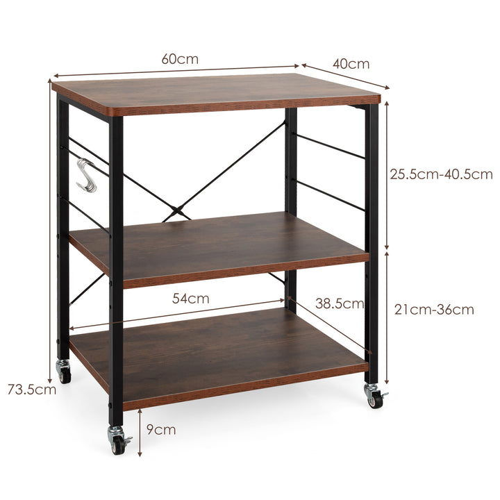 3 Tier Rolling Kitchen Baker's Rack with Adjustable Shelf and Hooks-Rustic Brown