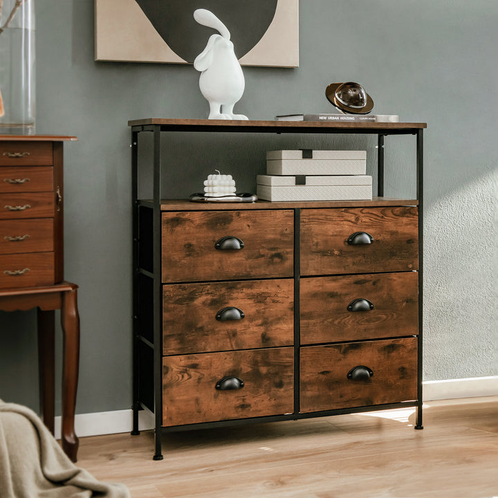 2-Tier Dresser with 6 Removable Fabric Drawers and Wooden Top-Rustic Brown