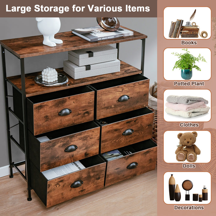 2-Tier Dresser with 6 Removable Fabric Drawers and Wooden Top-Rustic Brown