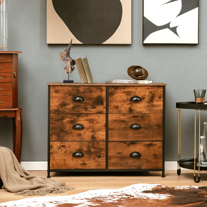 Dresser with 6 Foldable Fabric Drawers- Rustic Brown