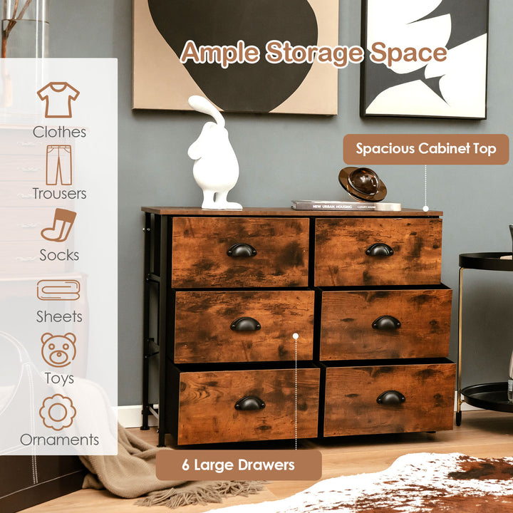 Dresser with 6 Foldable Fabric Drawers- Rustic Brown