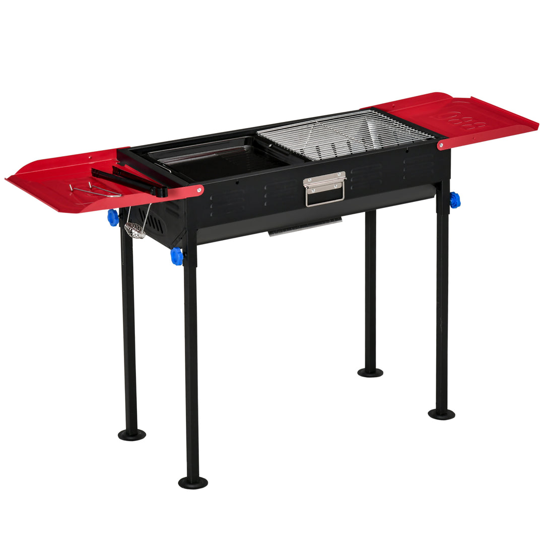 Portable Charcoal BBQ Grill Height Adjustable Barbecue w/ Side Shelves, Grill Net & Pan Easy Set-up