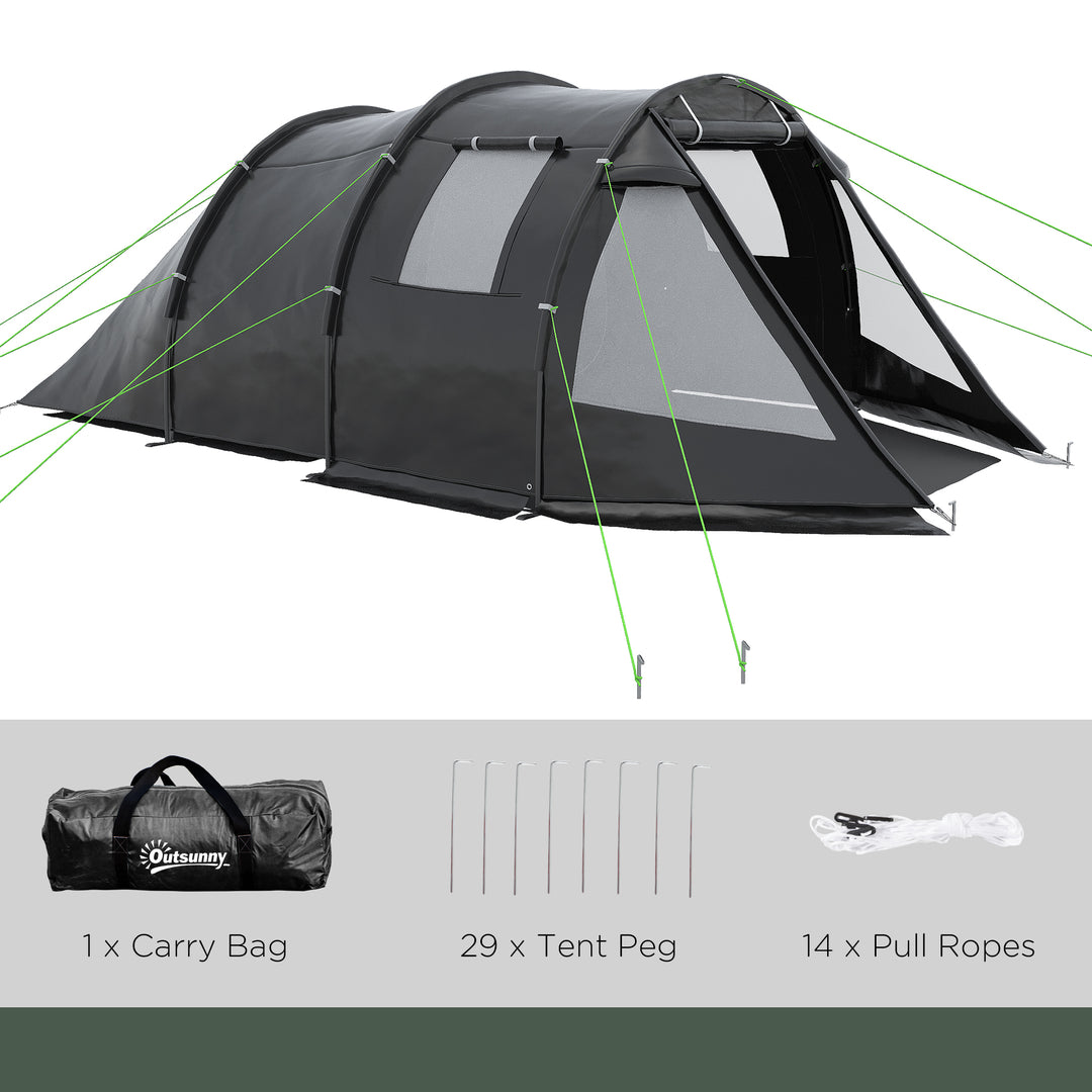 3-4 Man Tunnel Tent, Two Room Camping Tent with Windows and Covers, Portable Carry Bag, for Fishing, Hiking, Sports, Festivals - Black