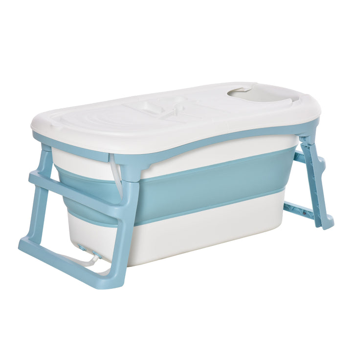 Folding Baby Bath Tub for Toddlers Kids Portable with Non-Slip Pads Top Cover for 1-12 Years Blue