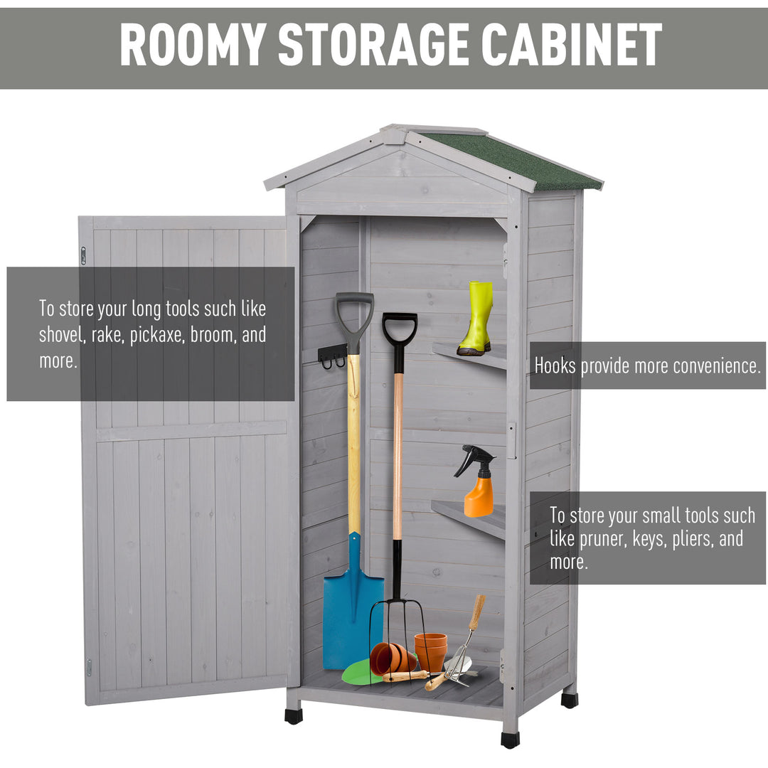 Wooden Garden Cabinet 3-Tier Storage Shed 2 Shelves Lockable Organizer with Hooks Foot Pad 74 x 55 x 155cm Light Grey