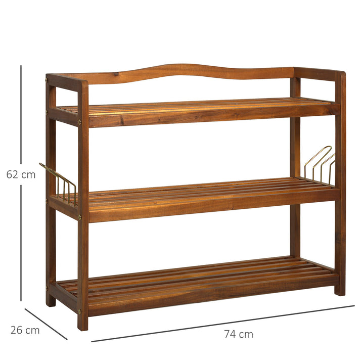 3-Tier Shoe Rack, Acacia Wooden Shoe Storage Organiser with 2 Hangers, Holds up to 12 Pairs, for Entryway, Living Room, 74 x 26 x 62 cm, Teak
