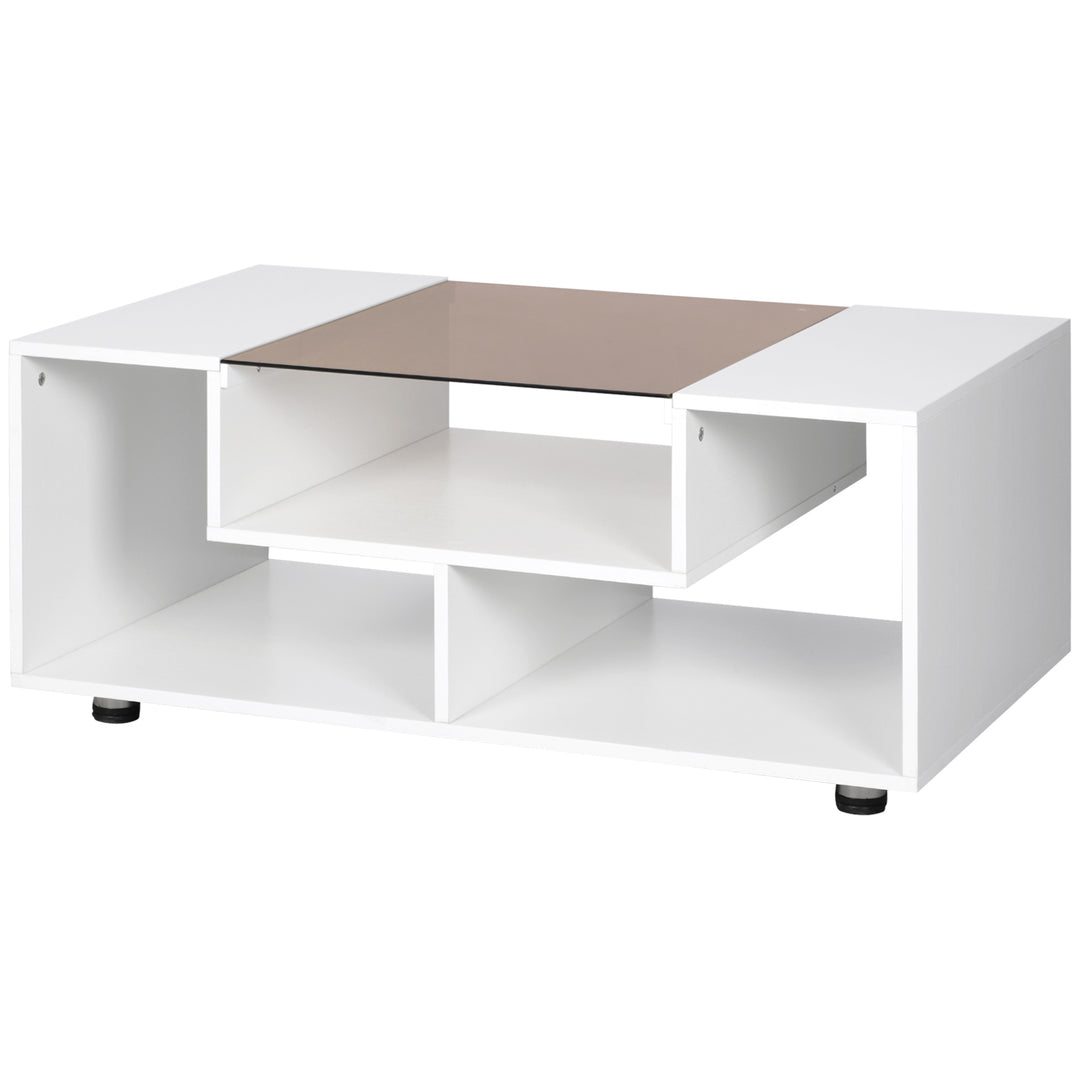 HOMCOM Modern Coffee Table with Tempered Glass Top, Cocktail Table with 3-Tier Storage Shelves for Living Room, White