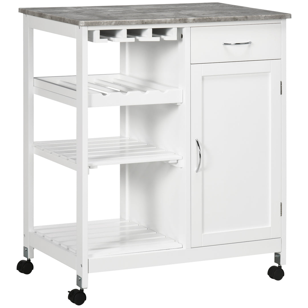 Compact Kitchen Trolley Utility Cart on Wheels with Wine Rack, Drawer, Open Shelf and Storage Cabinet for Dining Room, White