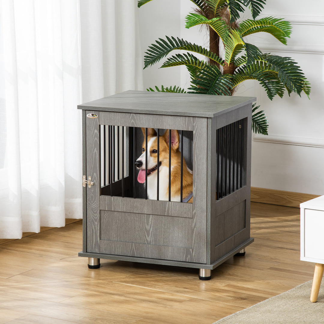 PawHut Dog Crate Furniture, Wooden End Table, Small Pet Kennel with Magnetic Door Indoor Crate Animal Cage, Grey