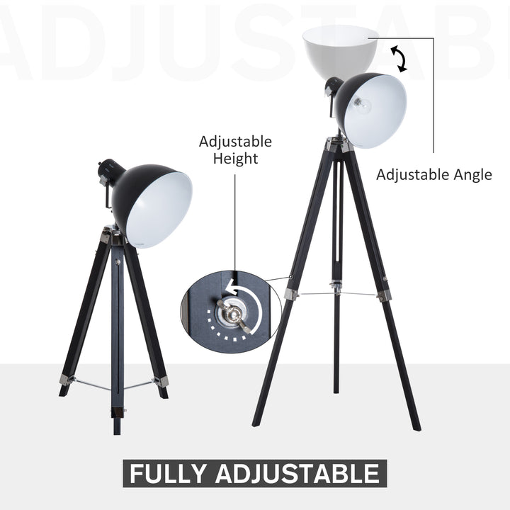 Industrial Floor Lamp for Living Room Tripod Spotlight Reading Lamp w/Wood Legs Metal Shade Adjustable Height Angle Black and White