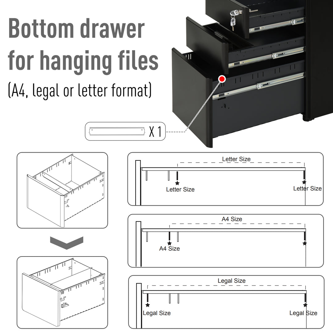 Fully Assembled 3 Drawer Steel Metal Filing Cabinet Lockable Rolling Vertical File Cabinet Black