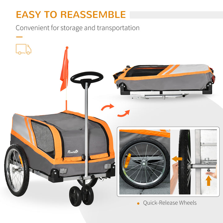 Dog Bike Trailer Two-In-One Trolley Stroller Cart Bicycle Carrier for Cat Puppy Travel w/ Reflectors Red Flag - Orange
