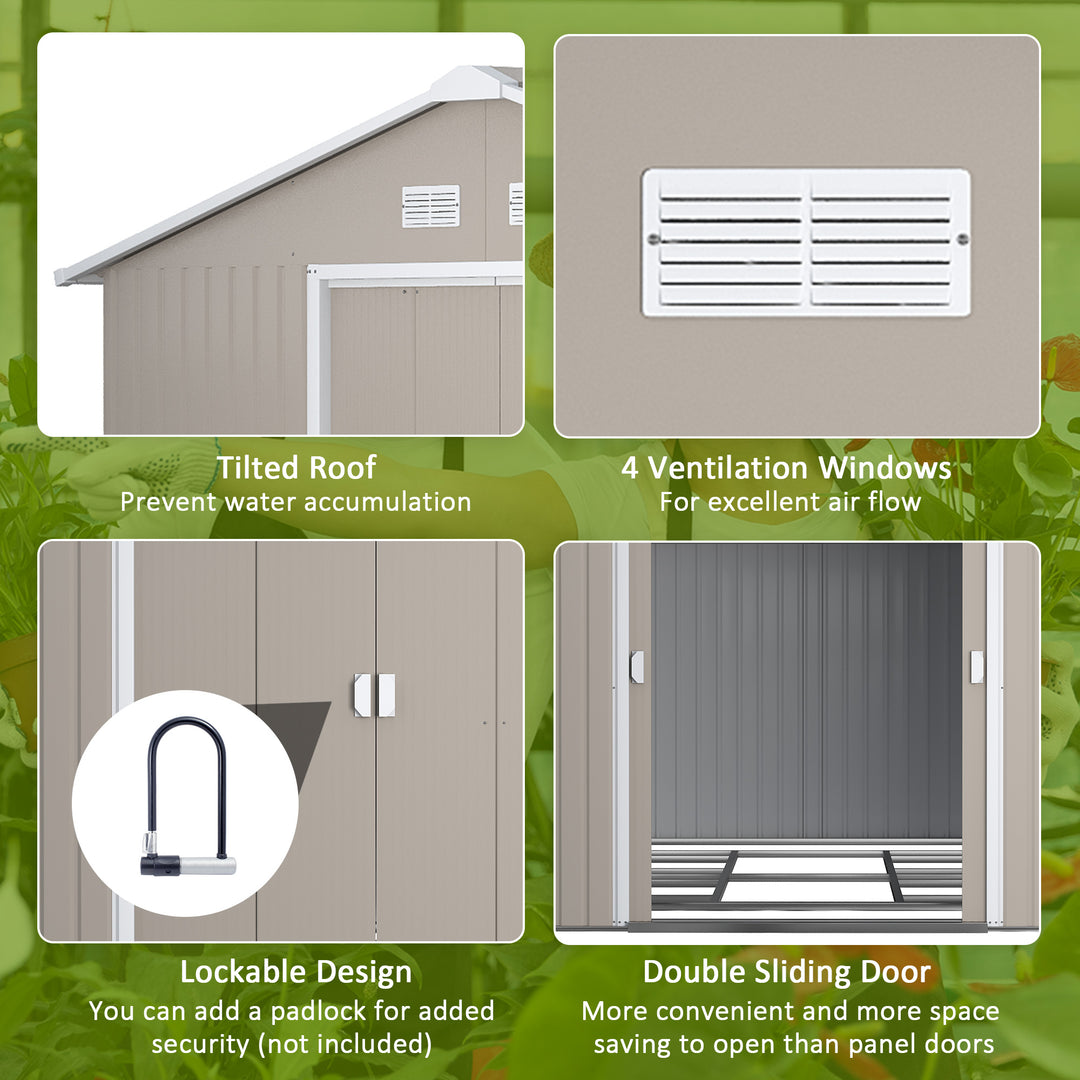Outsunny 13 x 11ft Garden Metal Storage Shed Outdoor Storage Shed with Foundation Ventilation & Doors, Light Grey