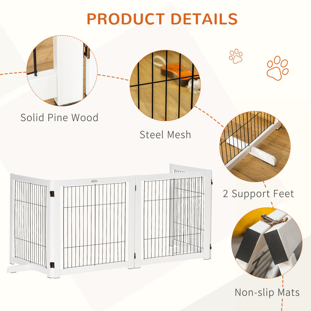 PawHut Dog Gate Wooden Foldable Small & Medium-Sized Pet Gate 4 Panel with Support Feet Pet Fence Safety Barrier for House Doorway Stairs White