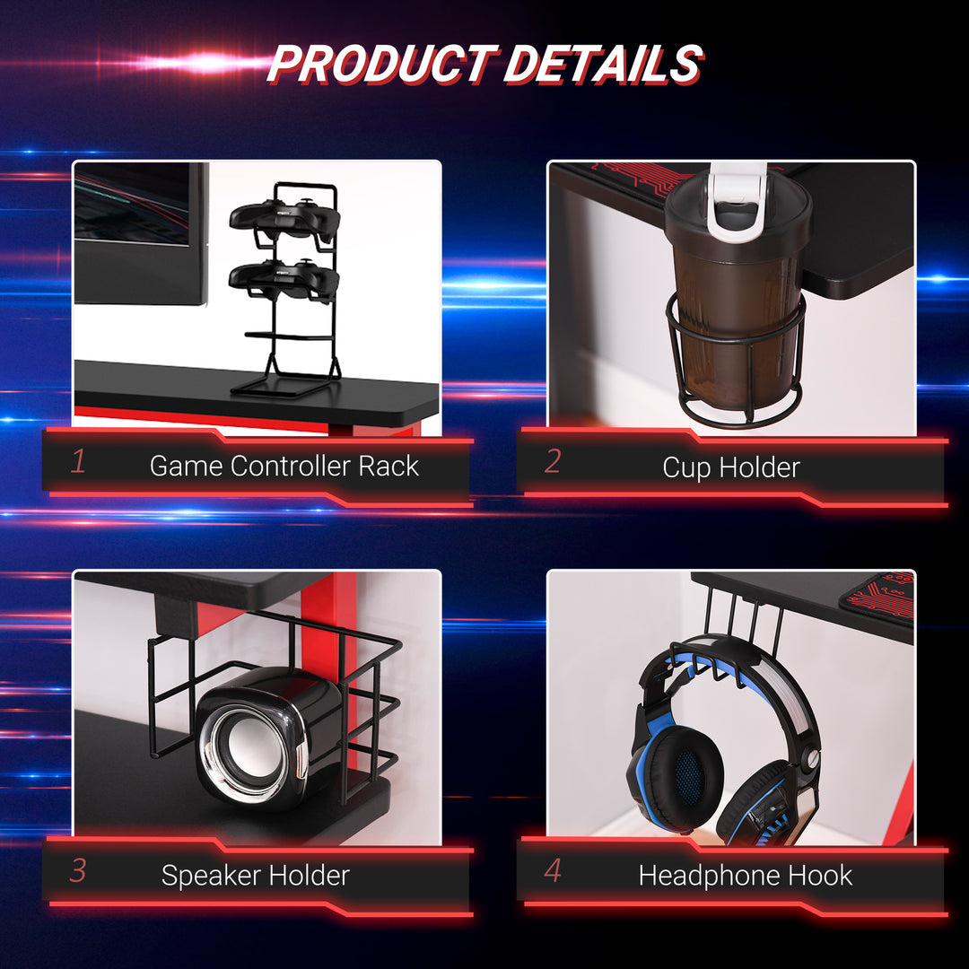 Gaming Desk Computer Table Ergonomics Workstation for Home Office with Cup &amp; Speaker 120cm x 60cm x 96.5cm Black and Red