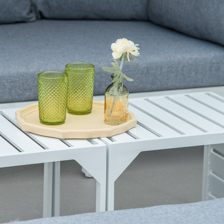 4 Pieces Outdoor Garden Sofa Set, Aluminum Patio Lounge Bed Furniture Set, with Canopy, Padded Cushions &amp; Side Tables, White