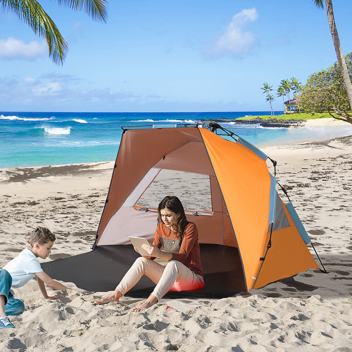 Pop Up Beach Tent, Easy Set Up Sun Shelter, Portable Instant Beach Canopy w/ Extended Porch, Sandbags, Mesh Screen Windows for 1-2 Person