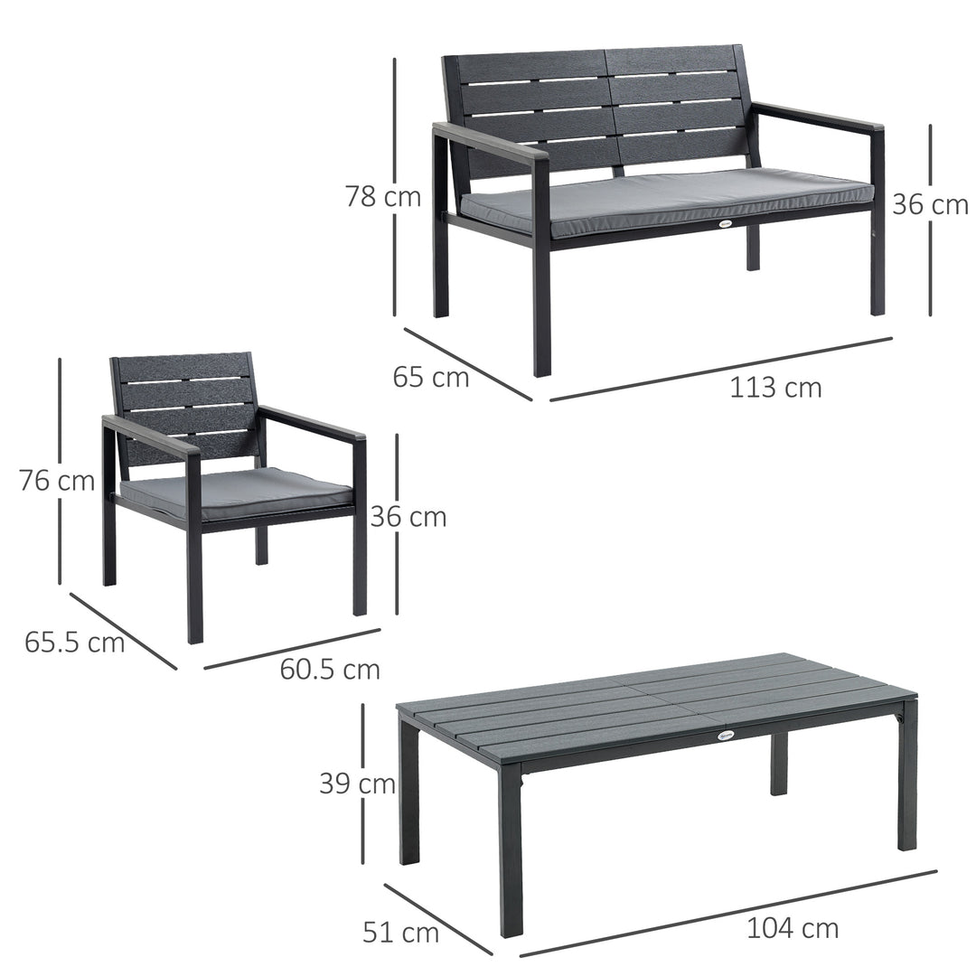 4 Piece Garden Sofa Set with Padded Cushions, Outdoor Conversation Furniture Set with Wood Grain Coffee Table, Steel Frame Grey