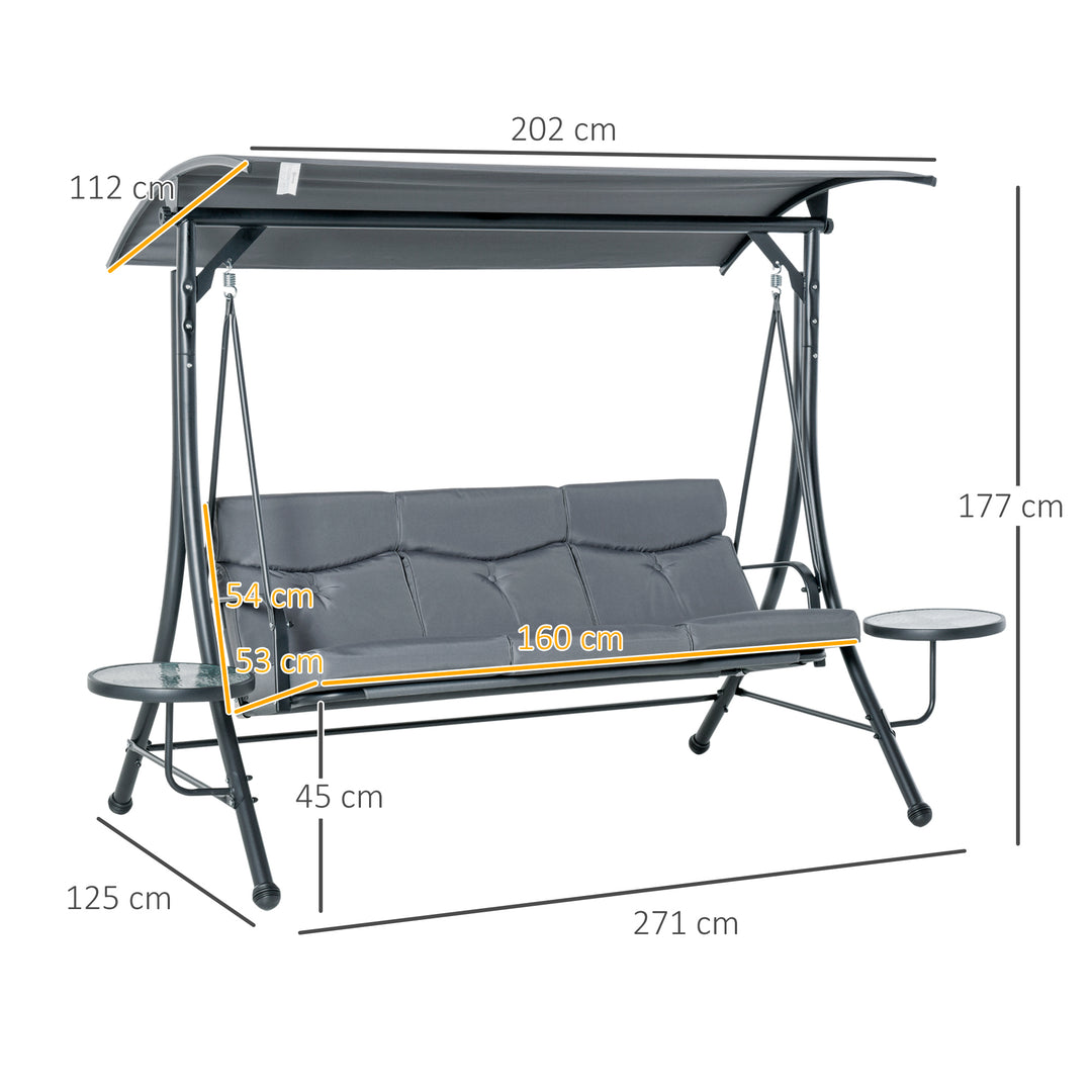 Outsunny 3 Seater Garden Swing Chair with Adjustable Canopy, Cushion and Coffee Tables for Outdoor Patio Garden Grey