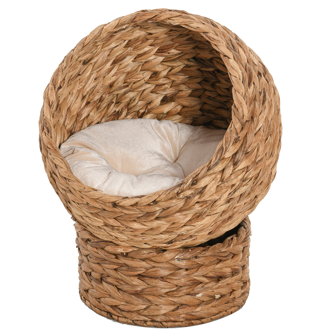 Banana Leaf Cat Bed Natural Materials Woven Elevated Basket w/ Cushion, Brown