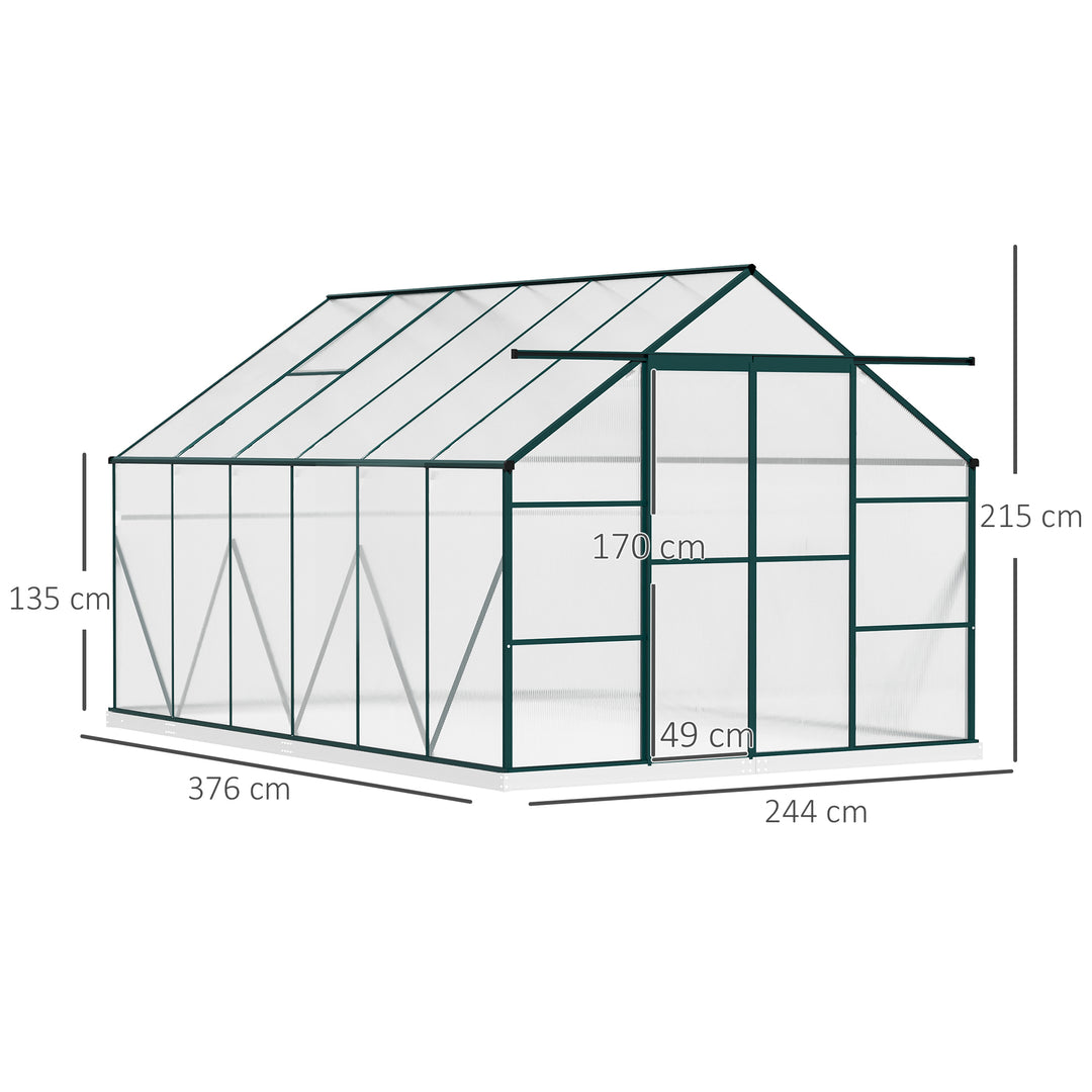 Aluminium Greenhouse Polycarbonate Walk-in Garden Greenhouse Kit with Adjustable Roof Vent, Rain Gutter and Foundation, 8 x 12ft, Clear