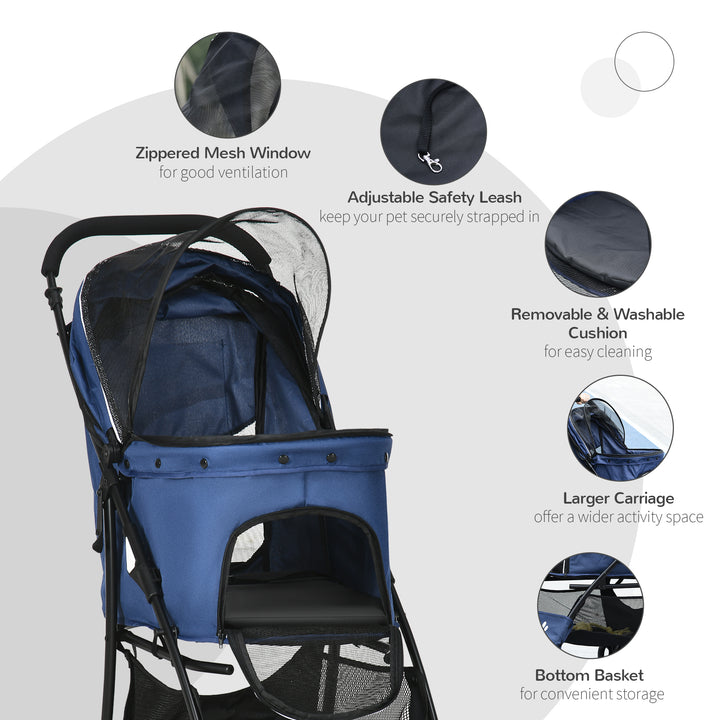 PawHut Pet Stroller, Dog Cat Travel Carriage, Foldable Carrying Bag with Large Carriage, Universal Wheels, Brake Canopy, Basket Storage Bag Dark Blue