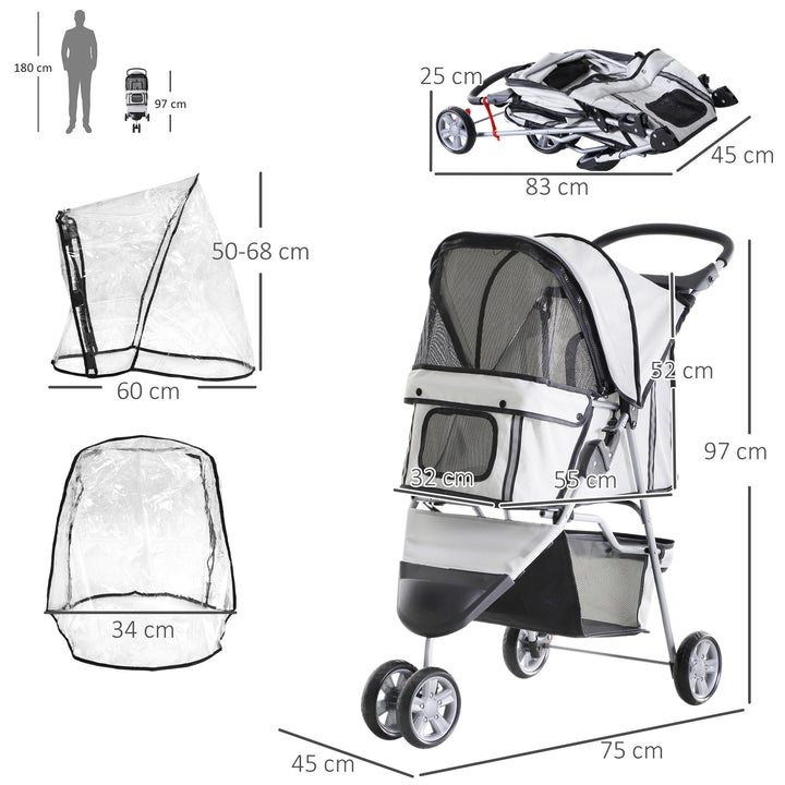 PawHut Dog Stroller with Cover for Small Miniature Dogs, Folding Cat Pram Dog Pushchair with Cup Holder, Storage Basket, Reflective Strips, Grey