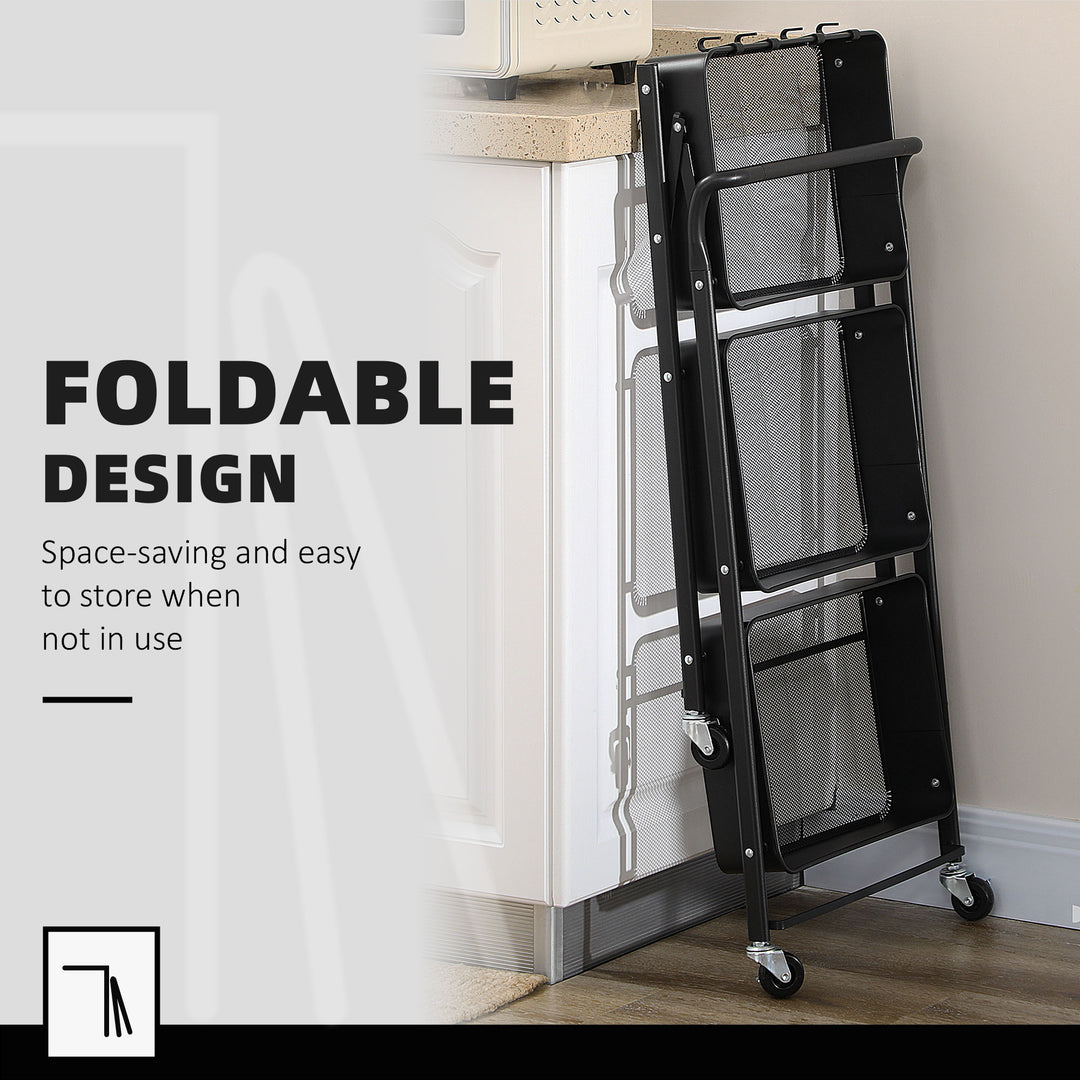 3 Tier Storage Trolley Cart, Foldable Rolling Utility Cart with 3 Mesh Baskets, 4 Removable Hooks for Living Room, Laundry and Kitchen, Black